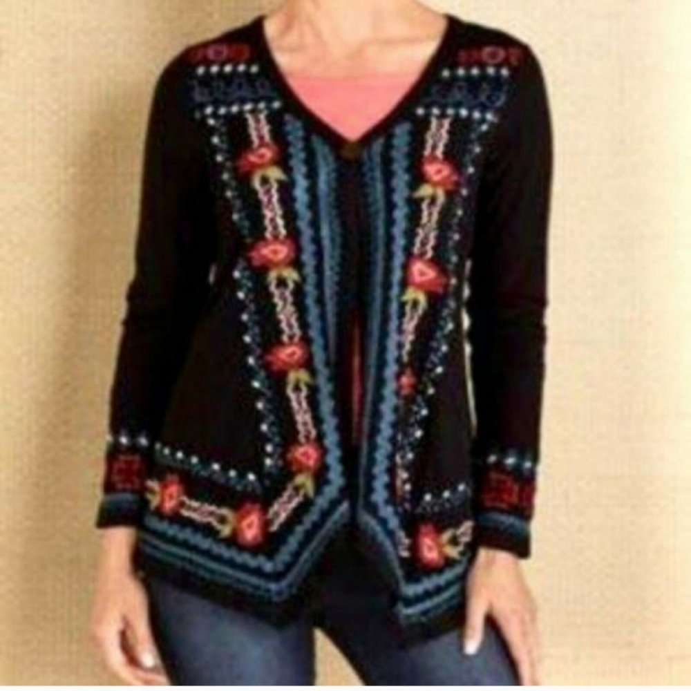 Soft surroundings xl floral embroidered one button cardigan 100% cotton
